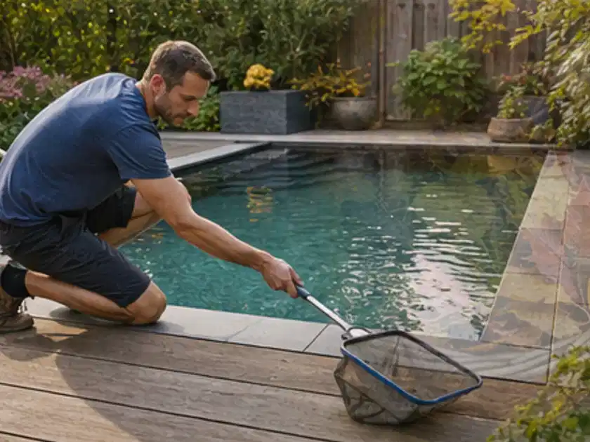 Person entfernt Blätter mit einem Kescher aus einem kleinen Gartenpool; Thema Poolfilter, Schwerpunkt Ersatzteile; Titelbild.
