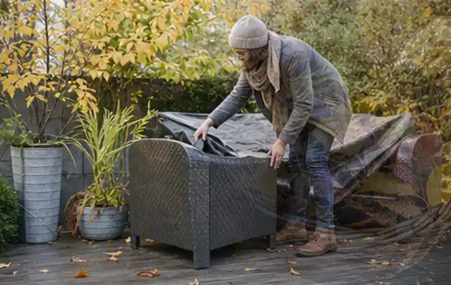 Person deckt Gartenmöbel vor der kalten Jahreszeit sorgfältig ab; Thema Poolfilter, Schwerpunkt Ersatzteile; Ausgangslage.