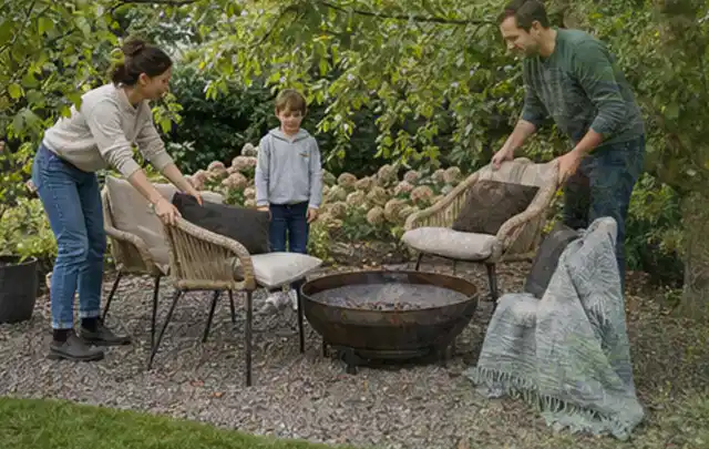 Familie stellt wetterfeste Sessel an einem geschützten Sitzplatz im Garten auf; Thema Poolfilter, Schwerpunkt Ersatzteile; Umsetzung.