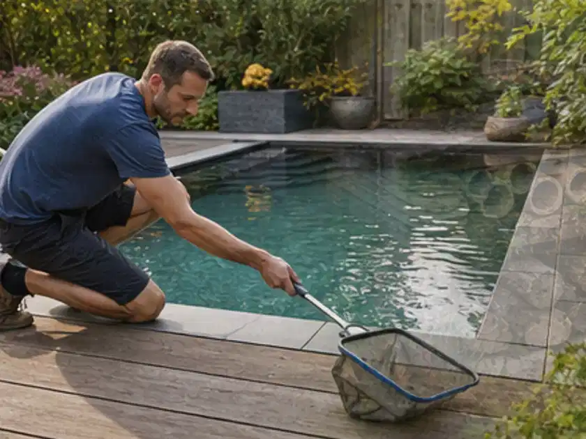 Person entfernt Blätter mit einem Kescher aus einem kleinen Gartenpool; Thema Poolfilter, Schwerpunkt Fehlerhilfe; Titelbild.