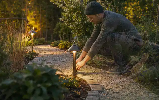 Person richtet eine niedrige warm leuchtende Gartenlampe am Kiesweg aus; Thema Poolfilter, Schwerpunkt Fehlerhilfe; Umsetzung.