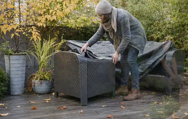 Person deckt Gartenmöbel vor der kalten Jahreszeit sorgfältig ab; Thema Poolfilter, Schwerpunkt Fehlerhilfe; Kontrolle.