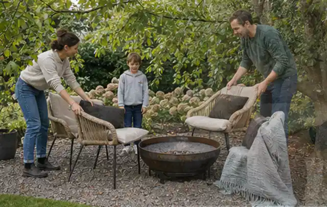 Familie stellt wetterfeste Sessel an einem geschützten Sitzplatz im Garten auf; Thema Poolfilter, Schwerpunkt Fehlerhilfe; Ergebnis.