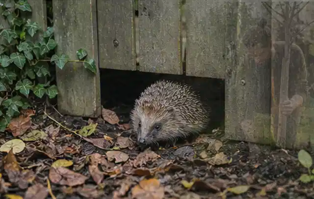 Igel nutzt einen bodennahen Durchgang unter einem hölzernen Gartenzaun; Thema Poolfilter, Schwerpunkt Gärten mit großer Fläche; Umsetzung.
