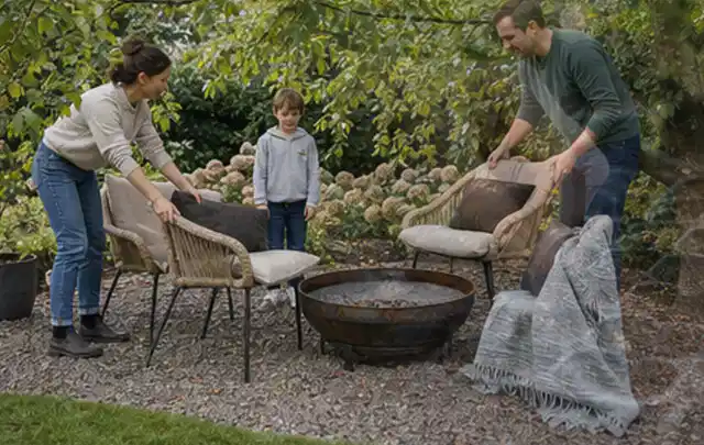 Familie stellt wetterfeste Sessel an einem geschützten Sitzplatz im Garten auf; Thema Poolfilter, Schwerpunkt Gärten mit großer Fläche; Ergebnis.
