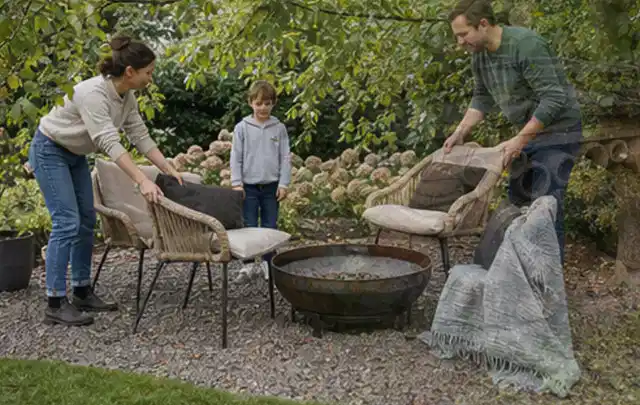 Familie stellt wetterfeste Sessel an einem geschützten Sitzplatz im Garten auf; Thema Poolfilter, Schwerpunkt Gärten mit kleiner Fläche; Kontrolle.