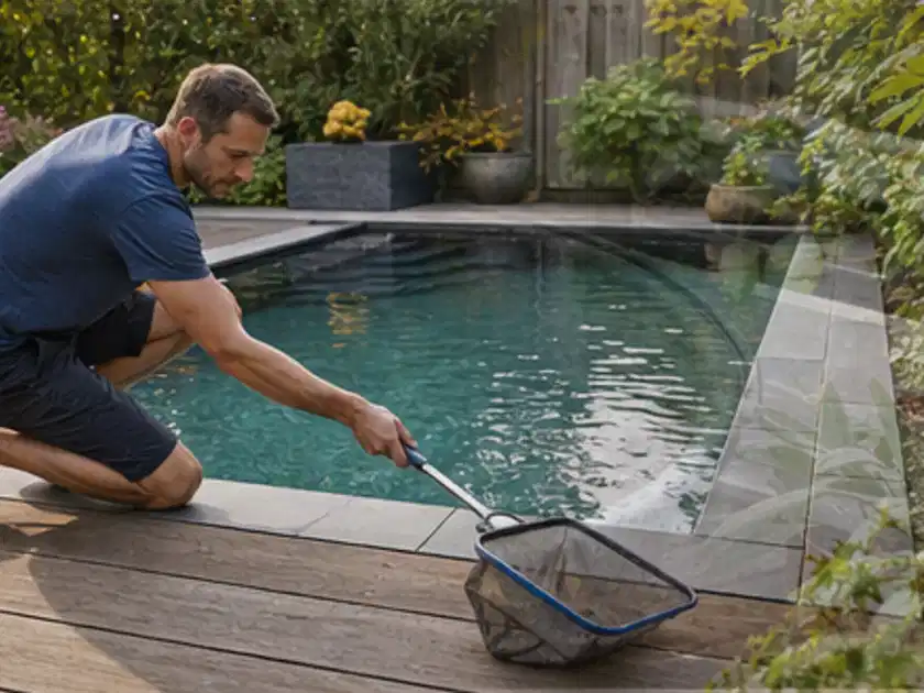 Person entfernt Blätter mit einem Kescher aus einem kleinen Gartenpool; Thema Poolfilter, Schwerpunkt Kaufberatung; Titelbild.
