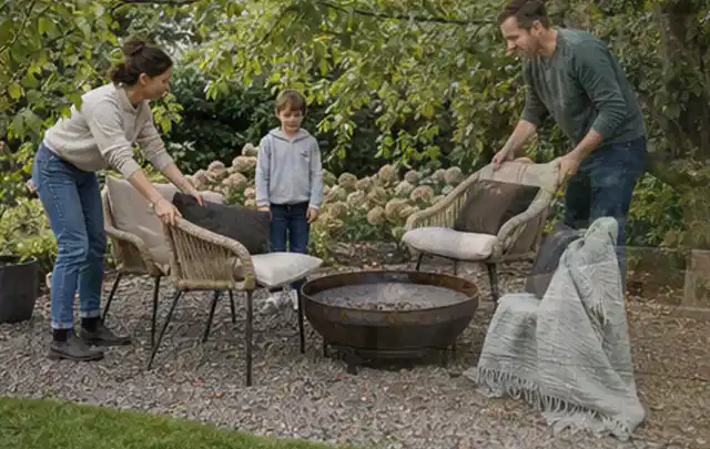 Familie stellt wetterfeste Sessel an einem geschützten Sitzplatz im Garten auf; Thema Poolfilter, Schwerpunkt Kaufberatung; Kontrolle.