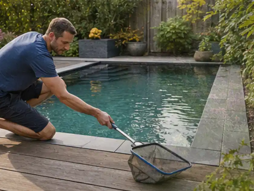 Person entfernt Blätter mit einem Kescher aus einem kleinen Gartenpool; Thema Poolfilter, Schwerpunkt Leistung; Titelbild.
