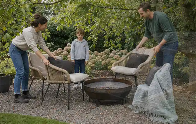 Familie stellt wetterfeste Sessel an einem geschützten Sitzplatz im Garten auf; Thema Poolfilter, Schwerpunkt Leistung; Kontrolle.