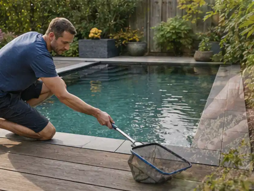 Person entfernt Blätter mit einem Kescher aus einem kleinen Gartenpool; Thema Poolfilter, Schwerpunkt Nachhaltigkeit; Titelbild.