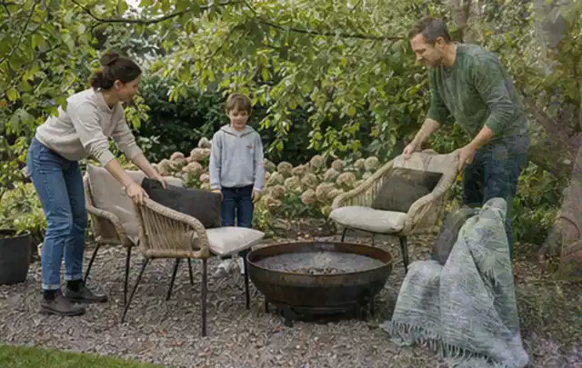 Familie stellt wetterfeste Sessel an einem geschützten Sitzplatz im Garten auf; Thema Poolfilter, Schwerpunkt Nachhaltigkeit; Umsetzung.