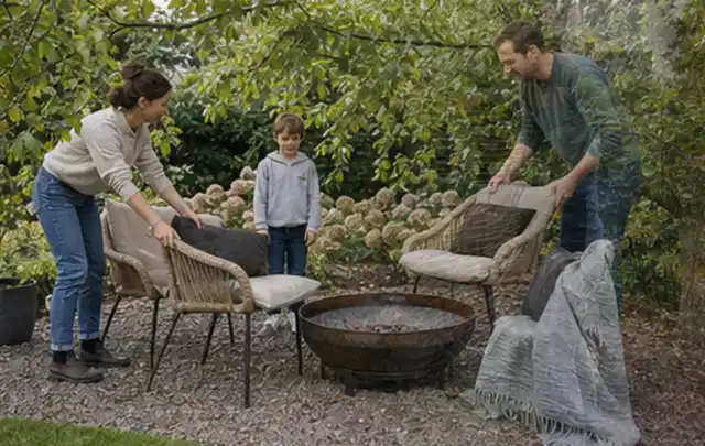 Familie stellt wetterfeste Sessel an einem geschützten Sitzplatz im Garten auf; Thema Poolfilter, Schwerpunkt Pools; Kontrolle.
