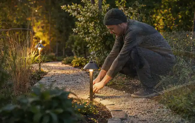 Person richtet eine niedrige warm leuchtende Gartenlampe am Kiesweg aus; Thema Poolfilter, Schwerpunkt Pools; Ergebnis.