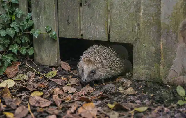 Igel nutzt einen bodennahen Durchgang unter einem hölzernen Gartenzaun; Thema Poolfilter, Schwerpunkt Reinigung; Ergebnis.
