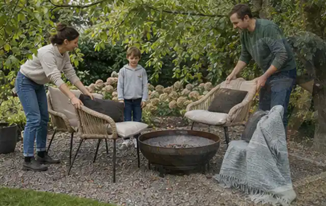 Familie stellt wetterfeste Sessel an einem geschützten Sitzplatz im Garten auf; Thema Poolfilter, Schwerpunkt Reparatur; Ausgangslage.