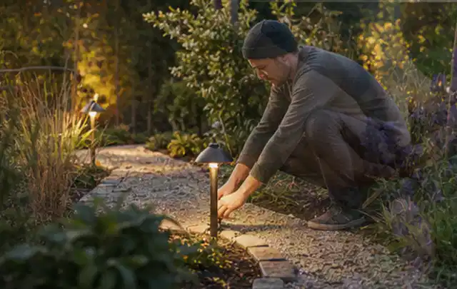 Person richtet eine niedrige warm leuchtende Gartenlampe am Kiesweg aus; Thema Poolfilter, Schwerpunkt Reparatur; Umsetzung.
