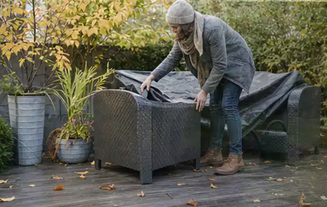 Person deckt Gartenmöbel vor der kalten Jahreszeit sorgfältig ab; Thema Poolfilter, Schwerpunkt Reparatur; Ergebnis.