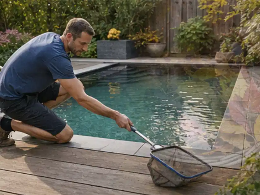 Person entfernt Blätter mit einem Kescher aus einem kleinen Gartenpool; Thema Poolfilter, Schwerpunkt Sicherheit; Titelbild.