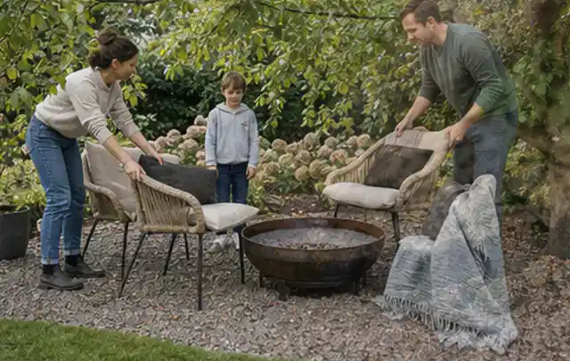 Familie stellt wetterfeste Sessel an einem geschützten Sitzplatz im Garten auf; Thema Poolfilter, Schwerpunkt Sicherheit; Ergebnis.