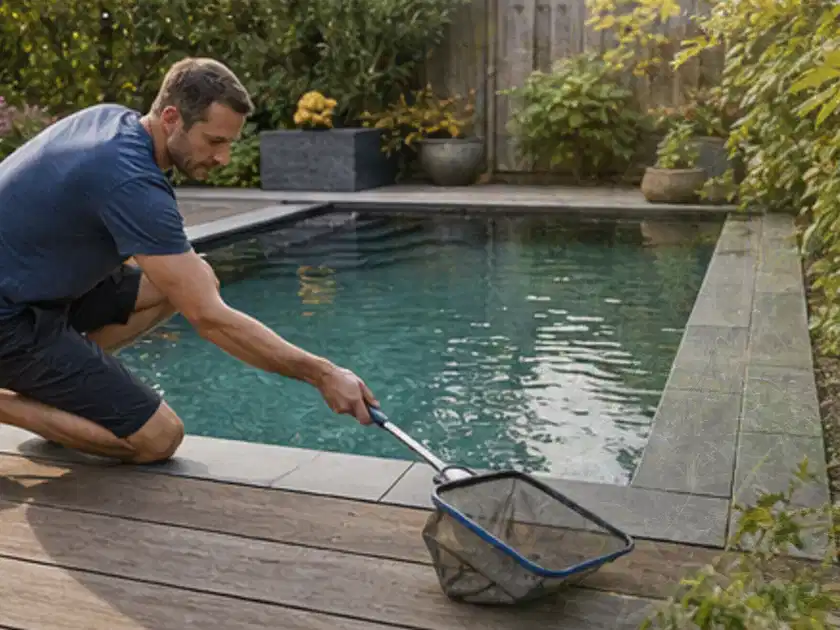 Person entfernt Blätter mit einem Kescher aus einem kleinen Gartenpool; Thema Poolfilter, Schwerpunkt Systemvergleich; Titelbild.