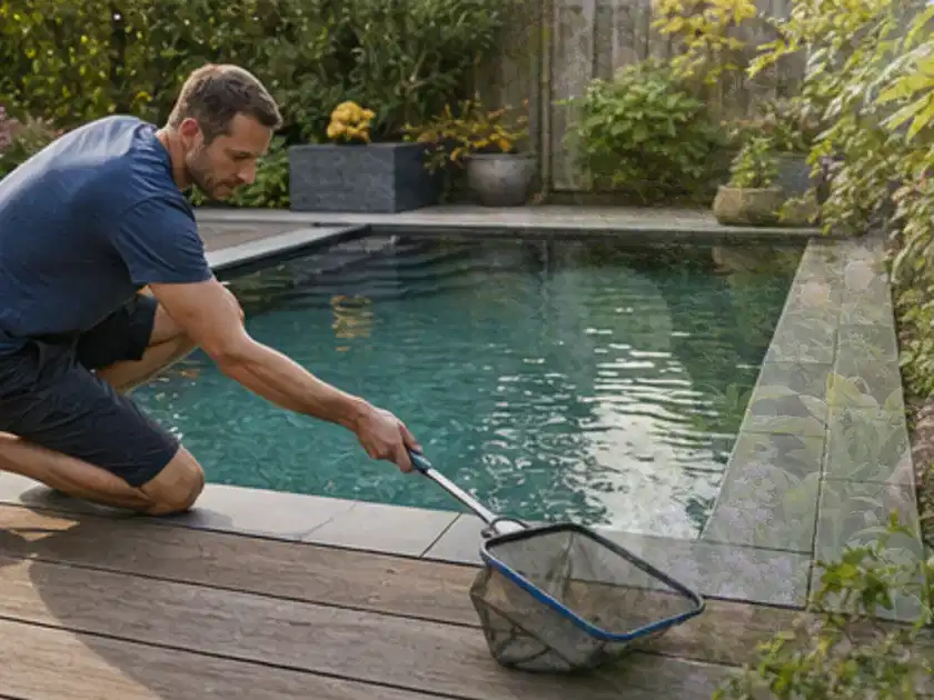 Person entfernt Blätter mit einem Kescher aus einem kleinen Gartenpool; Thema Poolfilter, Schwerpunkt Testkriterien; Titelbild.