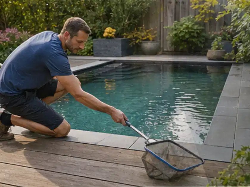 Person entfernt Blätter mit einem Kescher aus einem kleinen Gartenpool; Thema Poolfilter, Schwerpunkt Vergleich; Titelbild.