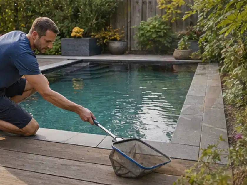 Person entfernt Blätter mit einem Kescher aus einem kleinen Gartenpool; Thema Poolfilter, Schwerpunkt Wartung; Titelbild.