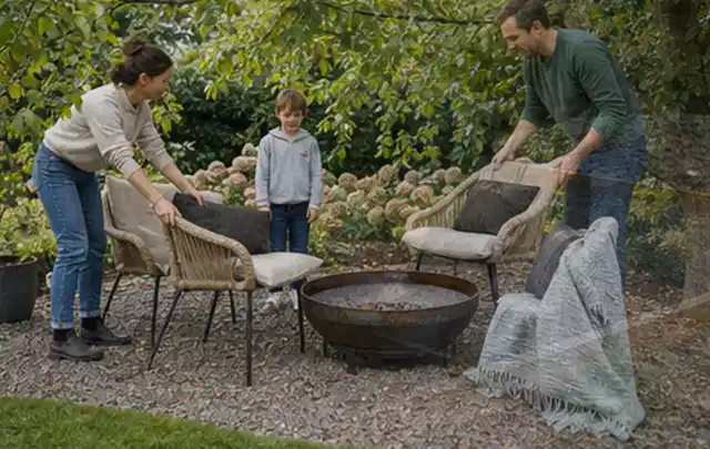 Familie stellt wetterfeste Sessel an einem geschützten Sitzplatz im Garten auf; Thema Poolfilter, Schwerpunkt Wartung; Ausgangslage.