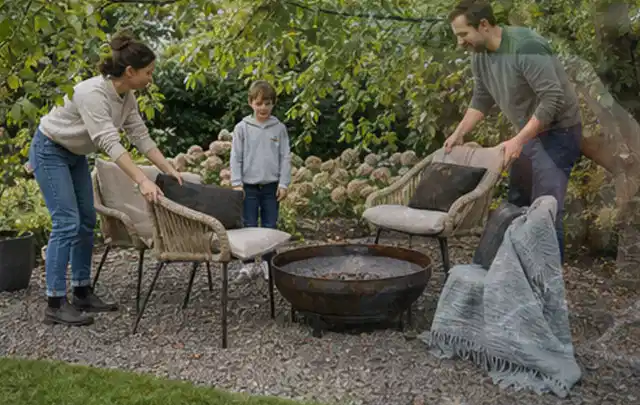 Familie stellt wetterfeste Sessel an einem geschützten Sitzplatz im Garten auf; Thema Poolfilter, Schwerpunkt Winterlager; Praxisalltag.
