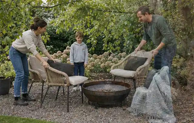 Familie stellt wetterfeste Sessel an einem geschützten Sitzplatz im Garten auf; Thema Poolheizungen, Schwerpunkt Checkliste; Ausgangslage.
