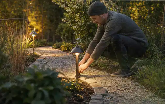 Person richtet eine niedrige warm leuchtende Gartenlampe am Kiesweg aus; Thema Poolheizungen, Schwerpunkt Checkliste; Ergebnis.
