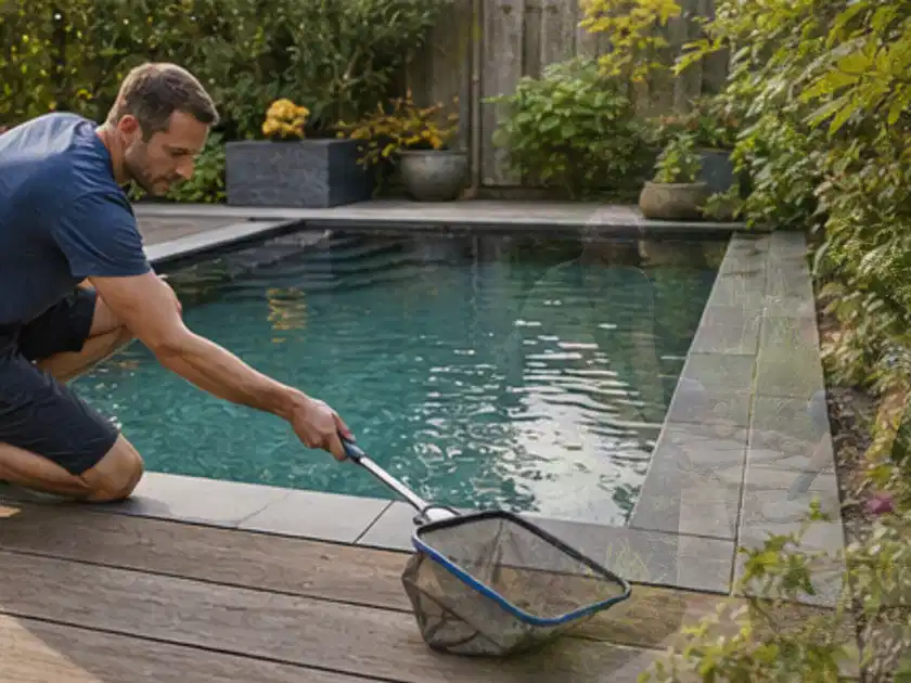 Person entfernt Blätter mit einem Kescher aus einem kleinen Gartenpool; Thema Poolheizungen, Schwerpunkt Dimensionierung; Titelbild.