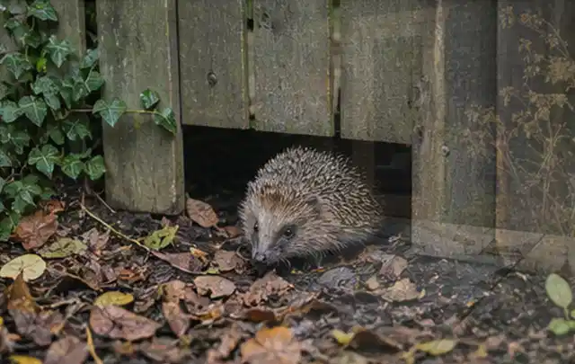 Igel nutzt einen bodennahen Durchgang unter einem hölzernen Gartenzaun; Thema Poolheizungen, Schwerpunkt Dimensionierung; Kontrolle.