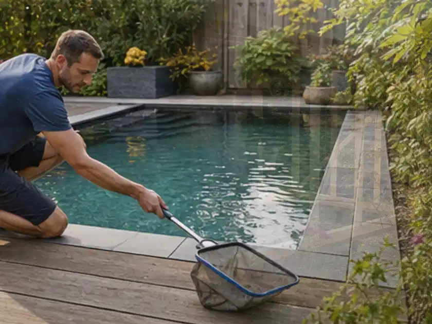Person entfernt Blätter mit einem Kescher aus einem kleinen Gartenpool; Thema Poolheizungen, Schwerpunkt Ersatzteile; Titelbild.