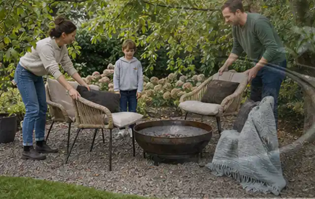 Familie stellt wetterfeste Sessel an einem geschützten Sitzplatz im Garten auf; Thema Poolheizungen, Schwerpunkt Ersatzteile; Umsetzung.