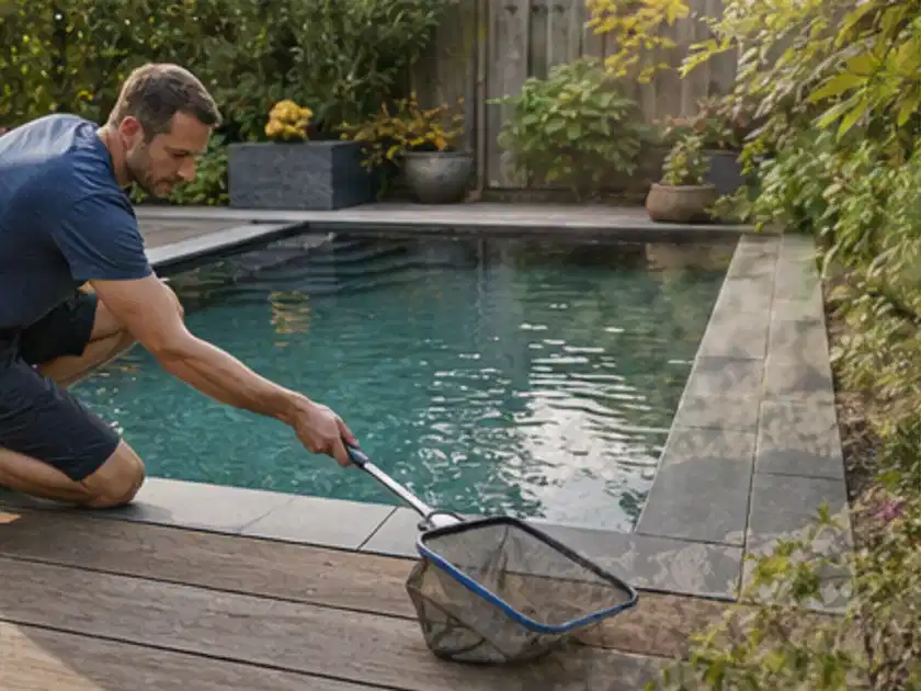 Person entfernt Blätter mit einem Kescher aus einem kleinen Gartenpool; Thema Poolheizungen, Schwerpunkt Gärten mit großer Fläche; Titelbild.