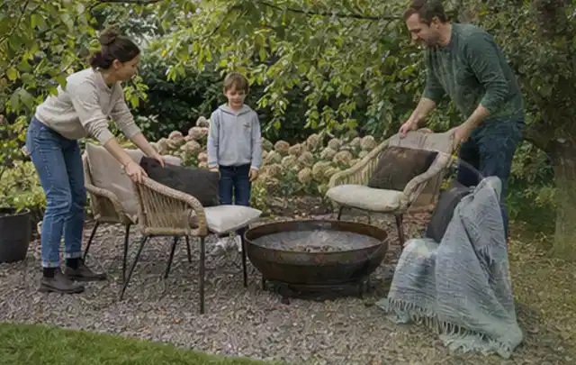 Familie stellt wetterfeste Sessel an einem geschützten Sitzplatz im Garten auf; Thema Poolheizungen, Schwerpunkt Gärten mit großer Fläche; Praxisalltag.