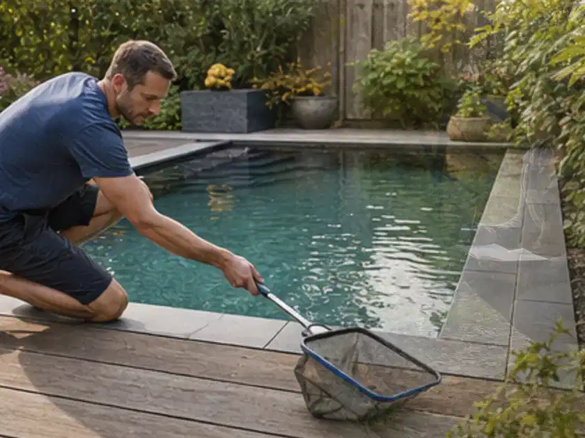 Person entfernt Blätter mit einem Kescher aus einem kleinen Gartenpool; Thema Poolheizungen, Schwerpunkt Gärten mit kleiner Fläche; Titelbild.
