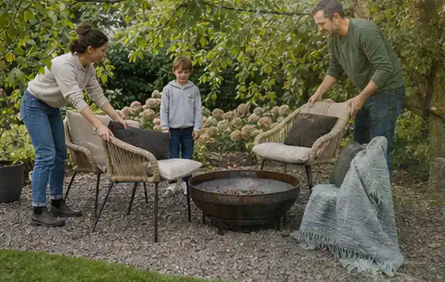Familie stellt wetterfeste Sessel an einem geschützten Sitzplatz im Garten auf; Thema Poolheizungen, Schwerpunkt Gärten mit kleiner Fläche; Ausgangslage.