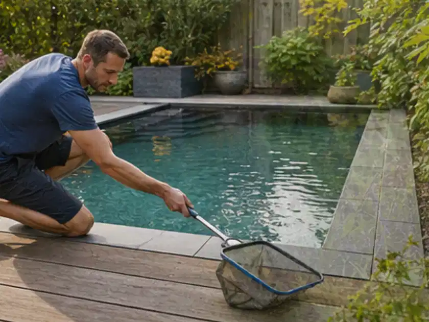 Person entfernt Blätter mit einem Kescher aus einem kleinen Gartenpool; Thema Poolheizungen, Schwerpunkt Kaufberatung; Titelbild.