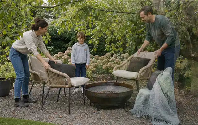 Familie stellt wetterfeste Sessel an einem geschützten Sitzplatz im Garten auf; Thema Poolheizungen, Schwerpunkt Kaufberatung; Umsetzung.