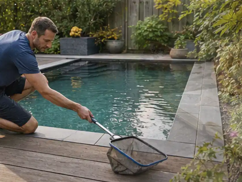 Person entfernt Blätter mit einem Kescher aus einem kleinen Gartenpool; Thema Poolheizungen, Schwerpunkt Kosten; Titelbild.