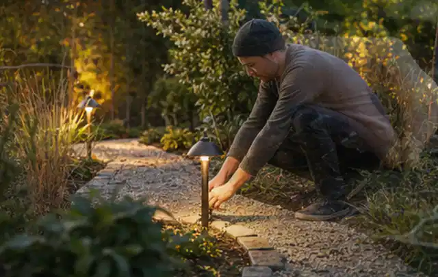 Person richtet eine niedrige warm leuchtende Gartenlampe am Kiesweg aus; Thema Poolheizungen, Schwerpunkt Kosten; Kontrolle.