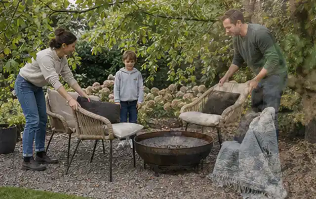 Familie stellt wetterfeste Sessel an einem geschützten Sitzplatz im Garten auf; Thema Poolheizungen, Schwerpunkt Nachhaltigkeit; Ausgangslage.