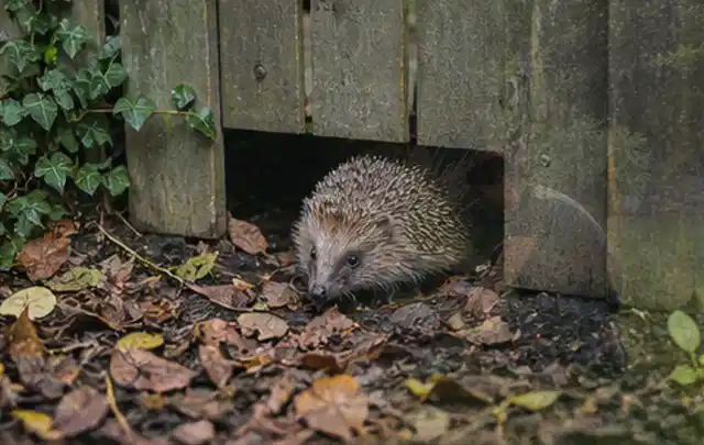 Igel nutzt einen bodennahen Durchgang unter einem hölzernen Gartenzaun; Thema Poolheizungen, Schwerpunkt Nachhaltigkeit; Praxisalltag.