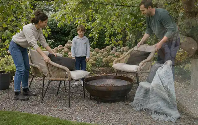 Familie stellt wetterfeste Sessel an einem geschützten Sitzplatz im Garten auf; Thema Poolheizungen, Schwerpunkt Pools; Kontrolle.