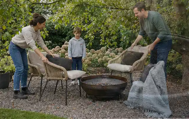 Familie stellt wetterfeste Sessel an einem geschützten Sitzplatz im Garten auf; Thema Poolheizungen, Schwerpunkt Reinigung; Ergebnis.