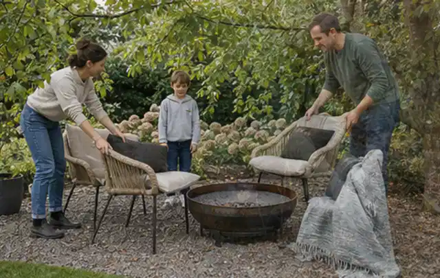 Familie stellt wetterfeste Sessel an einem geschützten Sitzplatz im Garten auf; Thema Poolheizungen, Schwerpunkt Reparatur; Kontrolle.