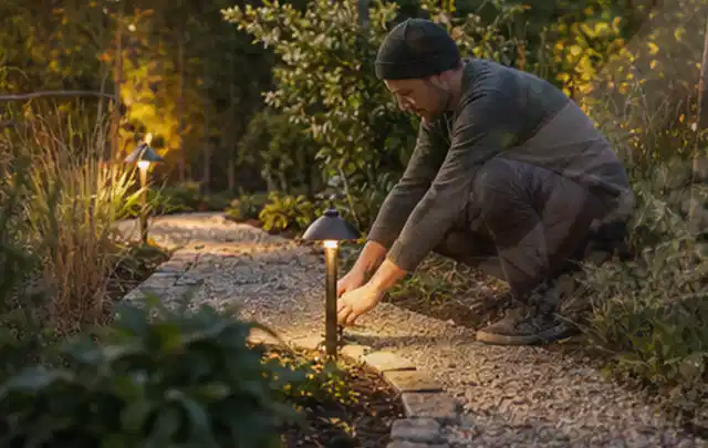 Person richtet eine niedrige warm leuchtende Gartenlampe am Kiesweg aus; Thema Poolheizungen, Schwerpunkt Systemvergleich; Kontrolle.